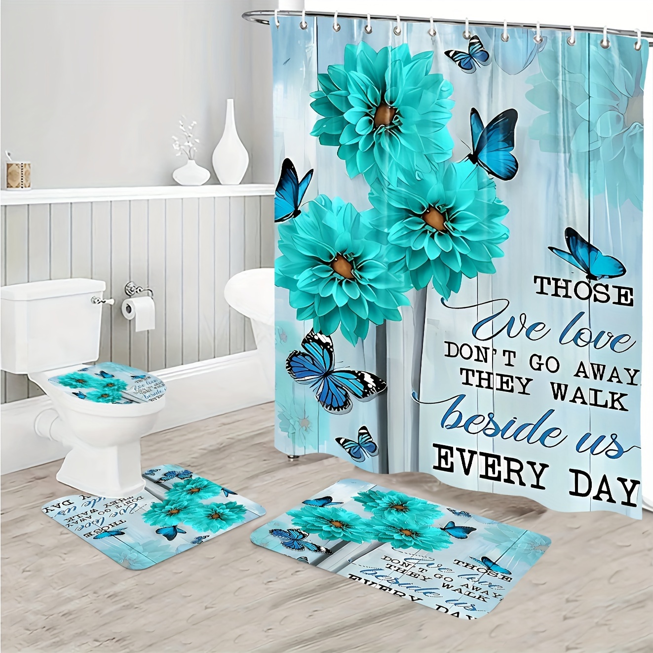 Letter Shower Curtain Set Floral Butterfly Bathroom Rug U - Temu