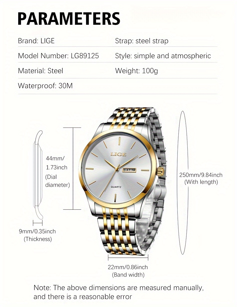Lige メンズ デュアル カレンダー ビジネス クォーツ時計、防水超薄型