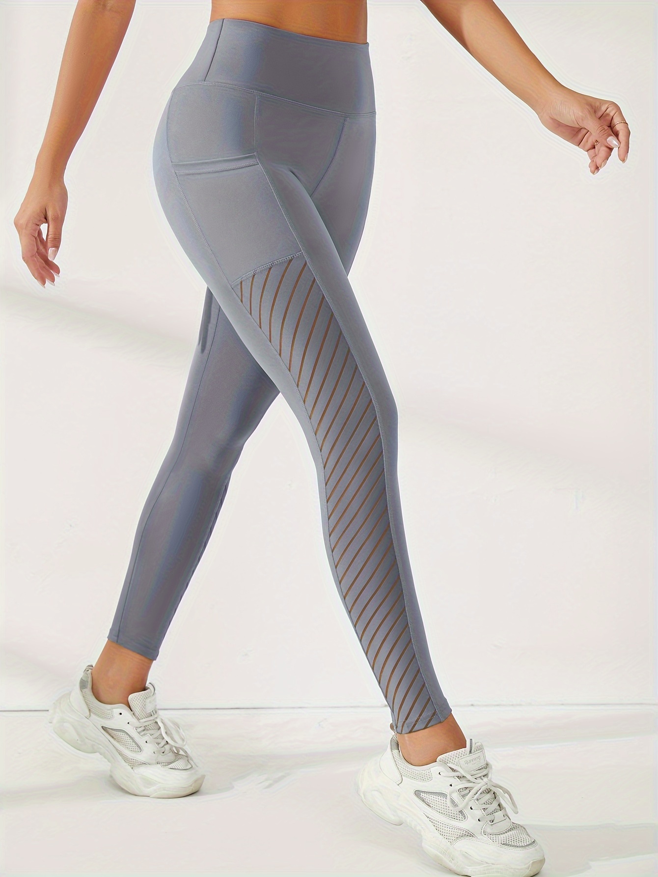 solid color breathable slimming yoga leggings high waist butt lifting contrast mesh running yoga pants womens activewear light grey 1