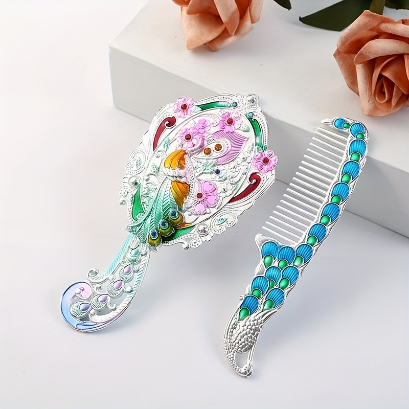 Vintage Peacock Handheld Mirror Comb Set