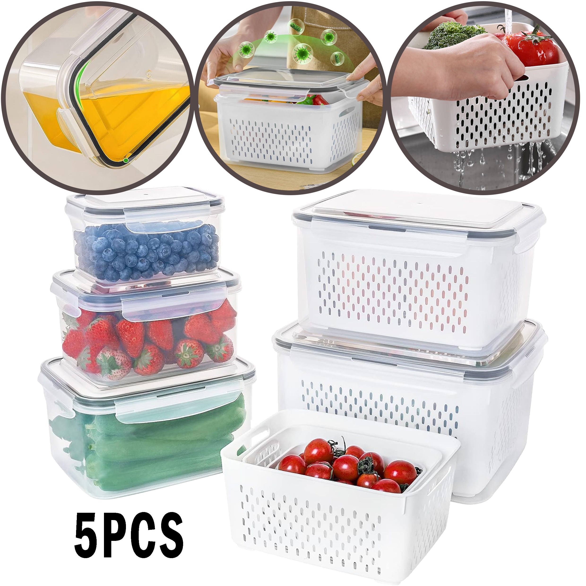 5 PCS Large Fruit Containers for Fridge - Leakproof Food Storage Containers  with