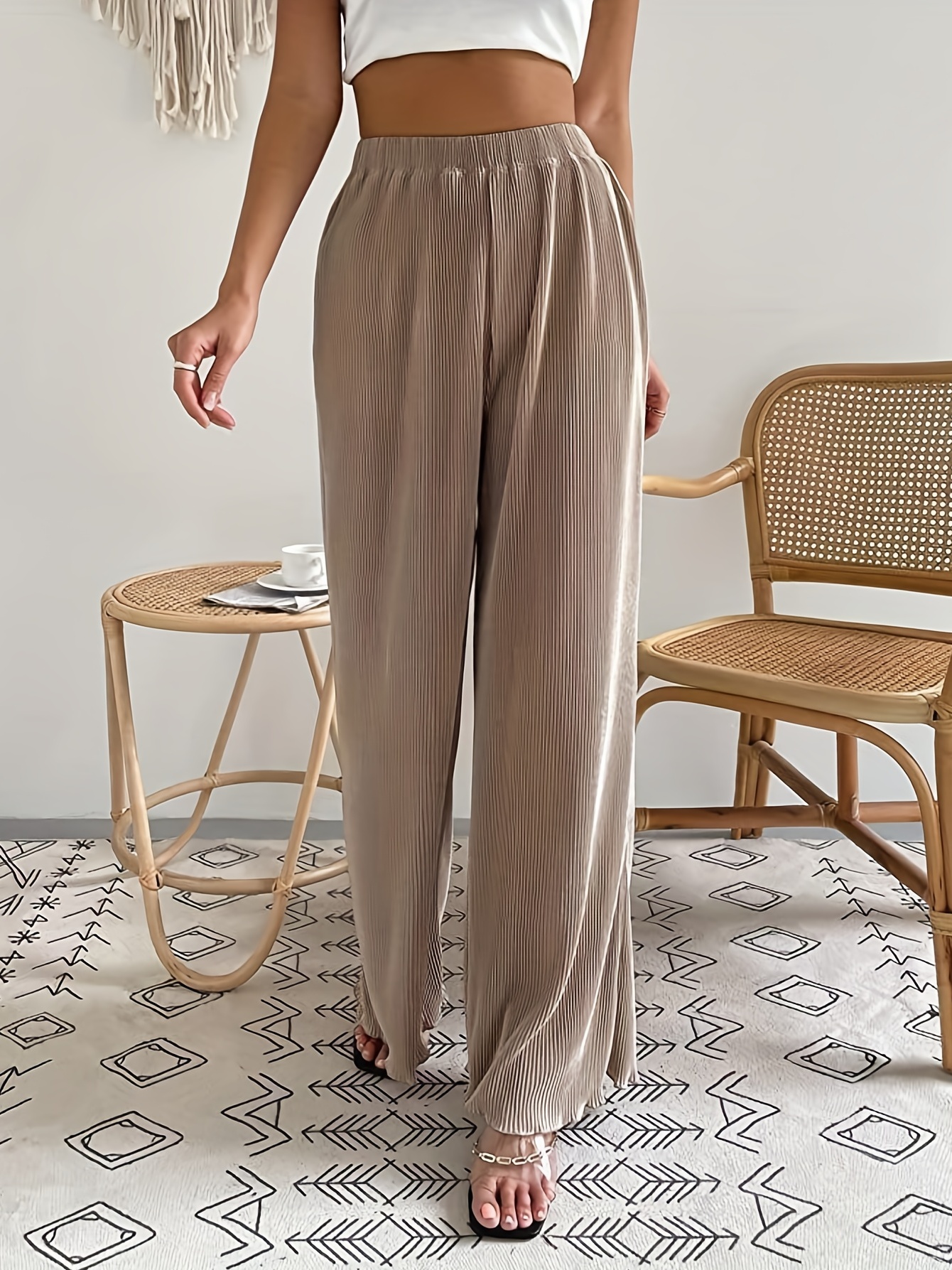 Solid Draped Wide Leg Pants, Casual High Waist Pants For Spring & Summer,  Women's Clothing