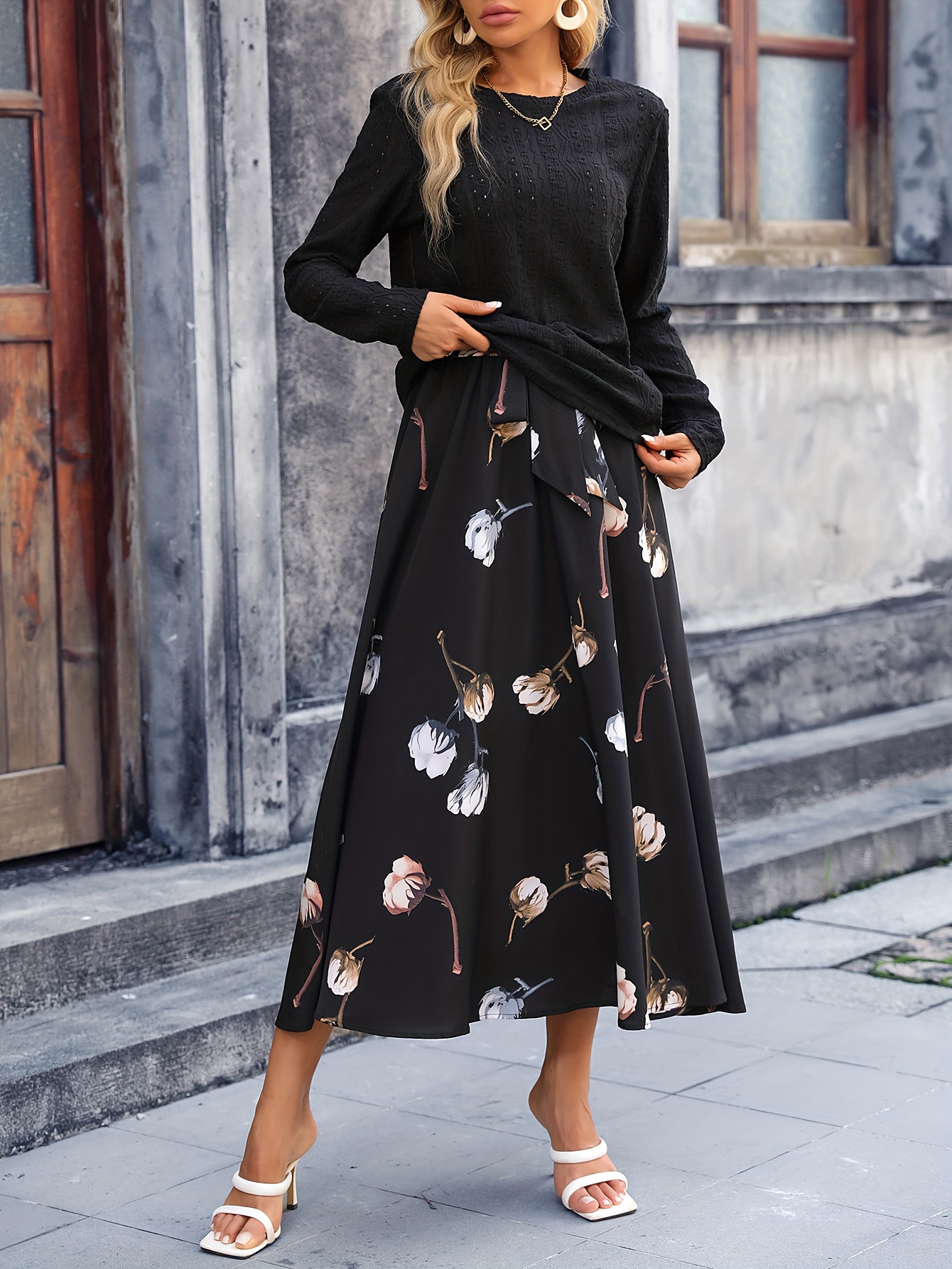 Floral Print Two-piece Skirt Set, Long Sleeve Solid Blouse & Elegant Long  Skirt With Tie Waist Outfits, Women's Clothing