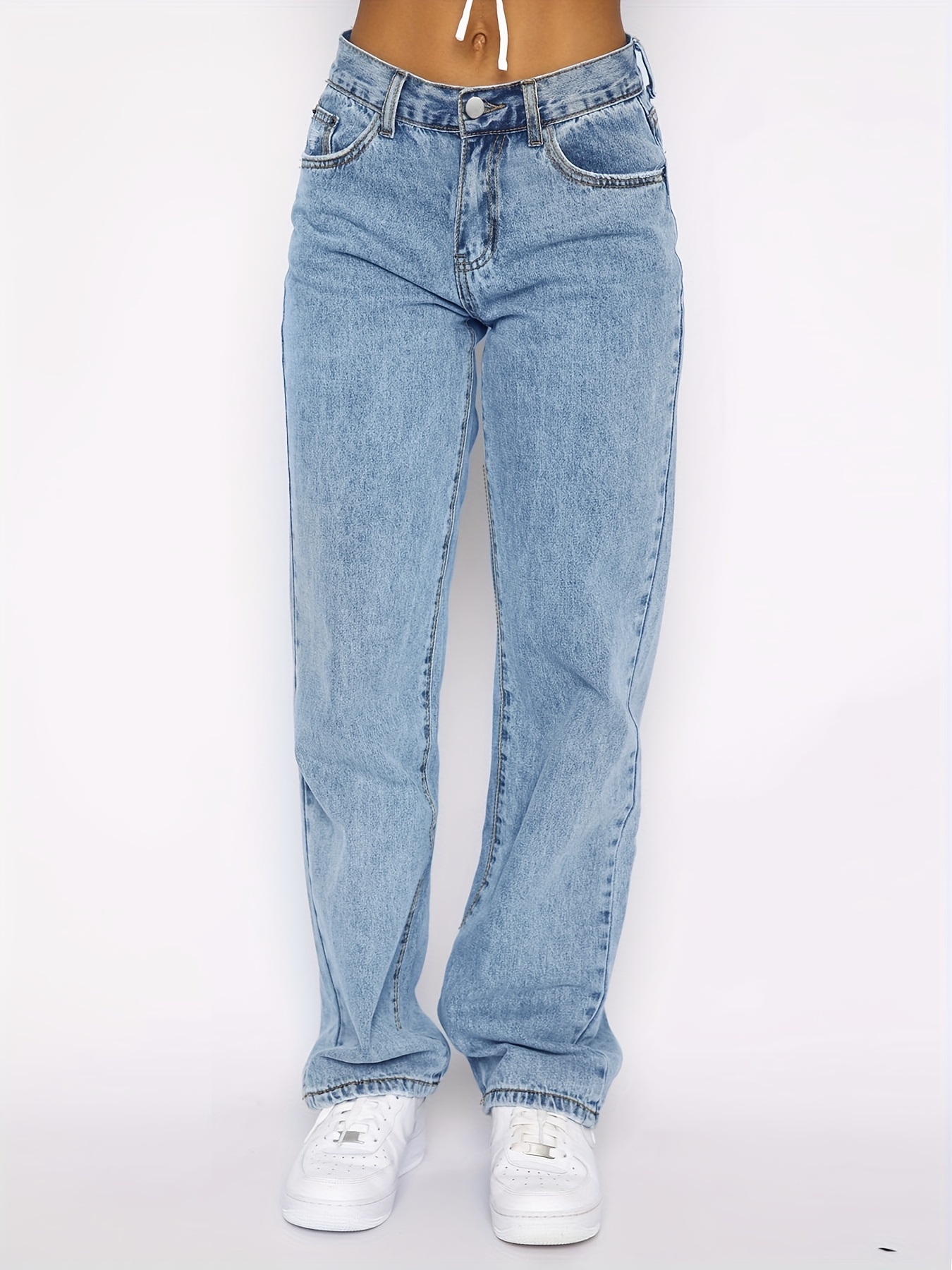 Light Blue Ripped Straight Jeans Distressed High Waist Loose - Temu