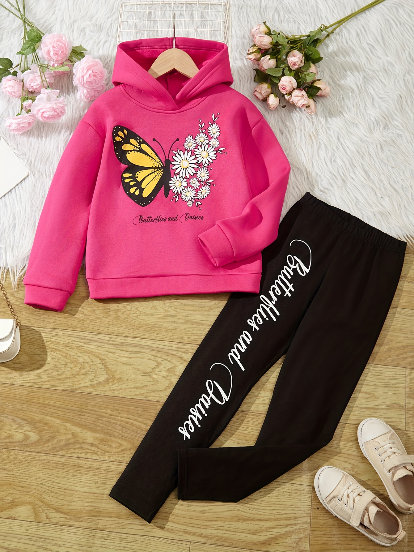 Girls Fleece 2pc Hooded Sweatshirt & Pants Set, Butterfly And Daisy Print  Hoodies & Leggings Kids Clothes For Fall Winter