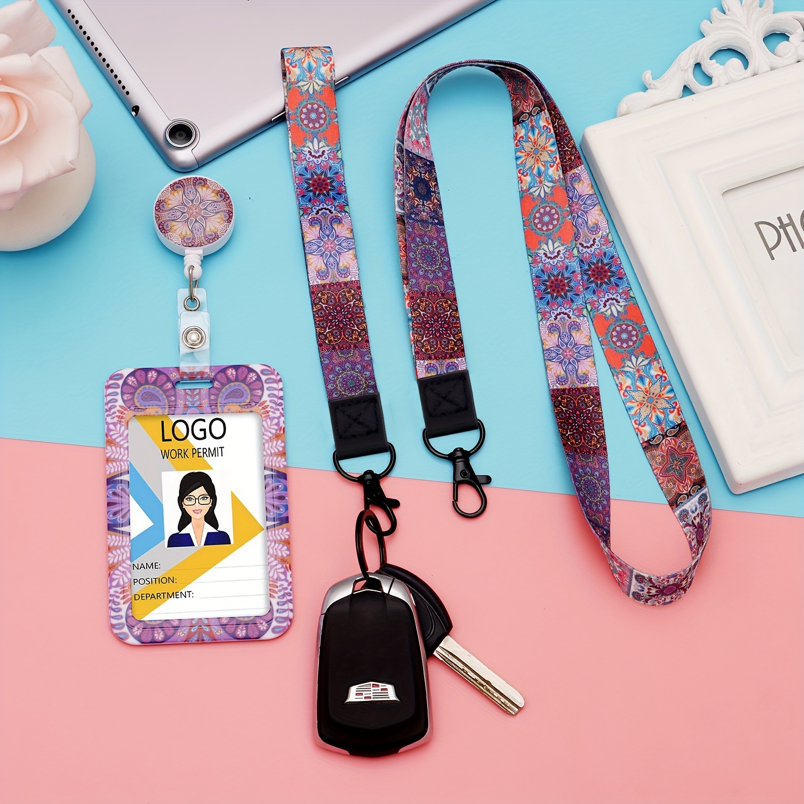 ID Badge Holder with Breakaway Lanyard, Cute Badge Reel Badge Clip Retractable, Rainbow Lanyards for ID Badges Name Tags ID Card Holder, Women