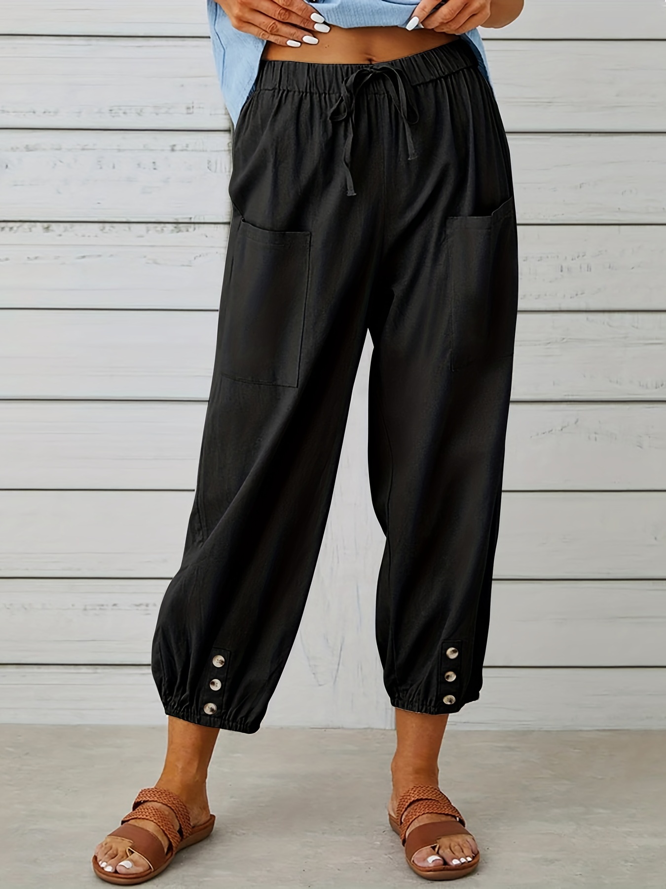 solid elastic pockets pants drawstring high waist pant - Temu