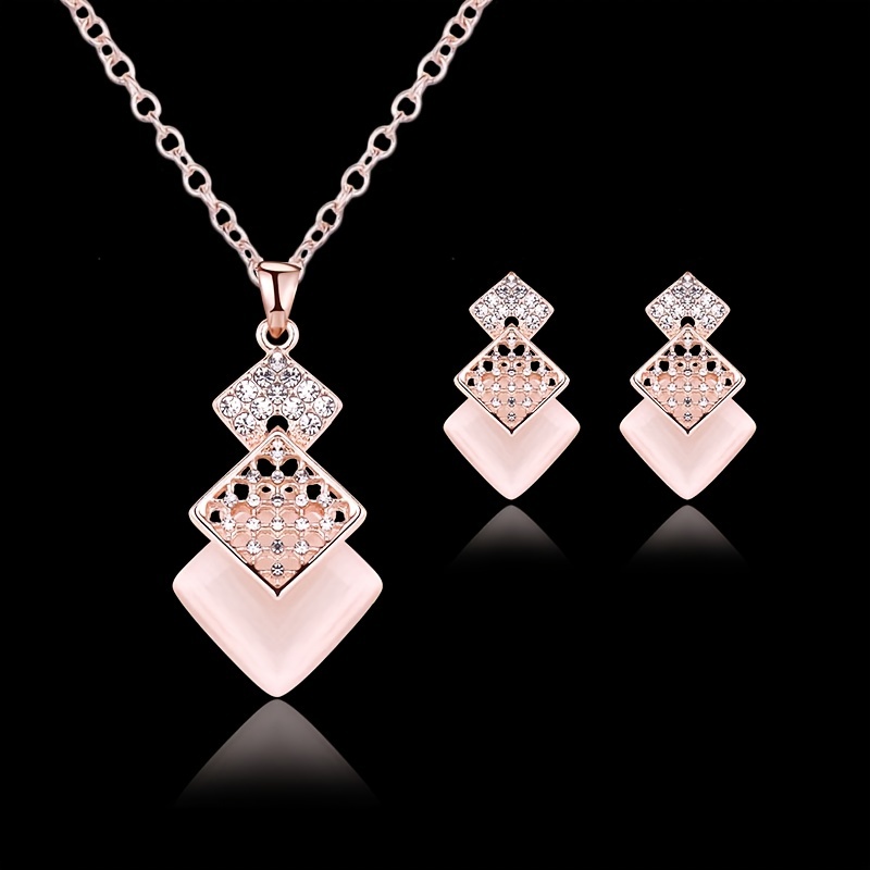 Geometric Cat Eye Stone Pendant & Earrings Set for Women
