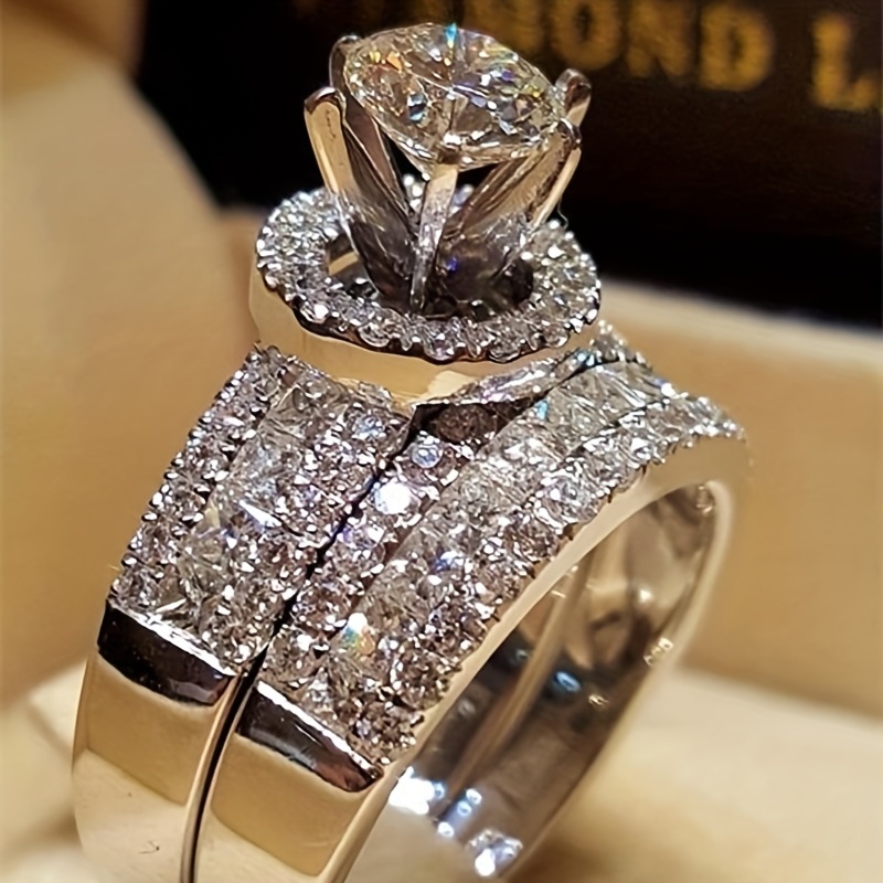 New Fashion & Exquisite Men's Beautiful Princess Square Zircon Ring Set  Jewelry Women's Silvery Artificial Diamond Engagement Wedding Ring Set -  Uniqu