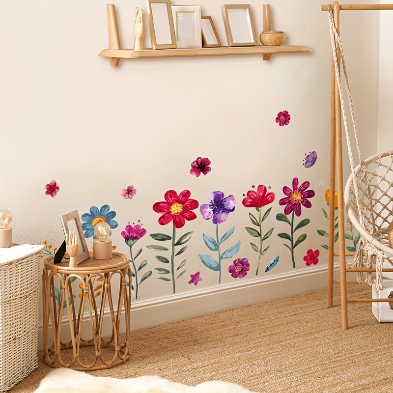 Wild Daisy Wall Sticker Colorful Wild Flower Vinyl Decals with Green Leaves  Art Decor for Bedroom Office Living Room 