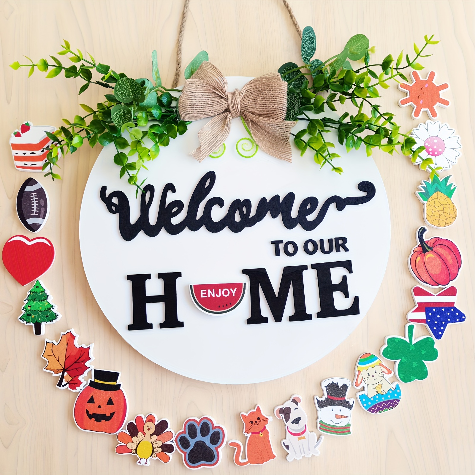 Welcome Home - Letrero de puerta delantera, coronas divertidas, placa de  madera para colgar, decoración redonda de madera rústica, decoración de