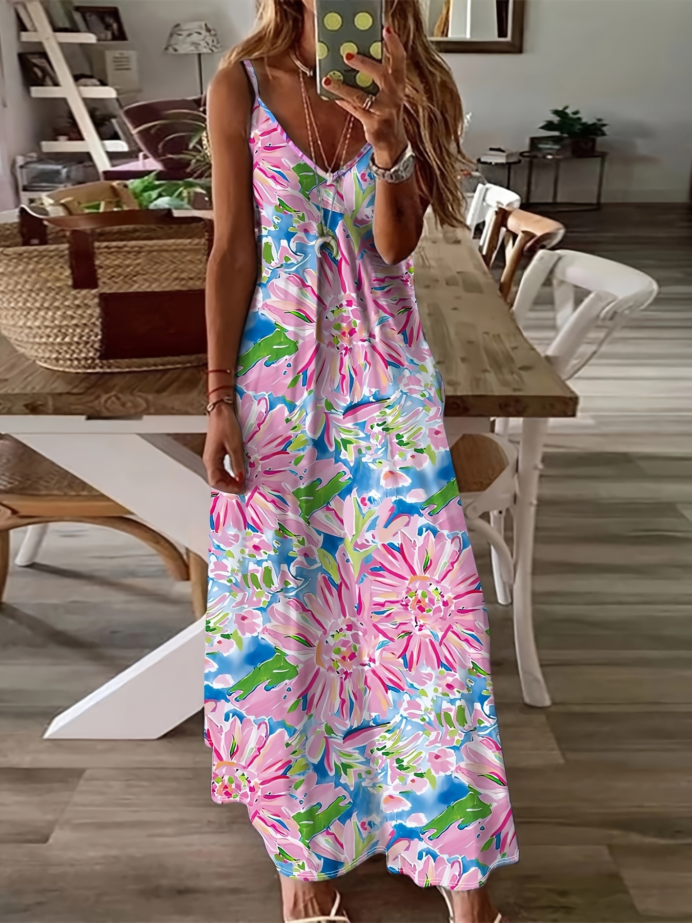 Allover Print V Neck Cami Dress Elegant Sleeveless Loose - Temu