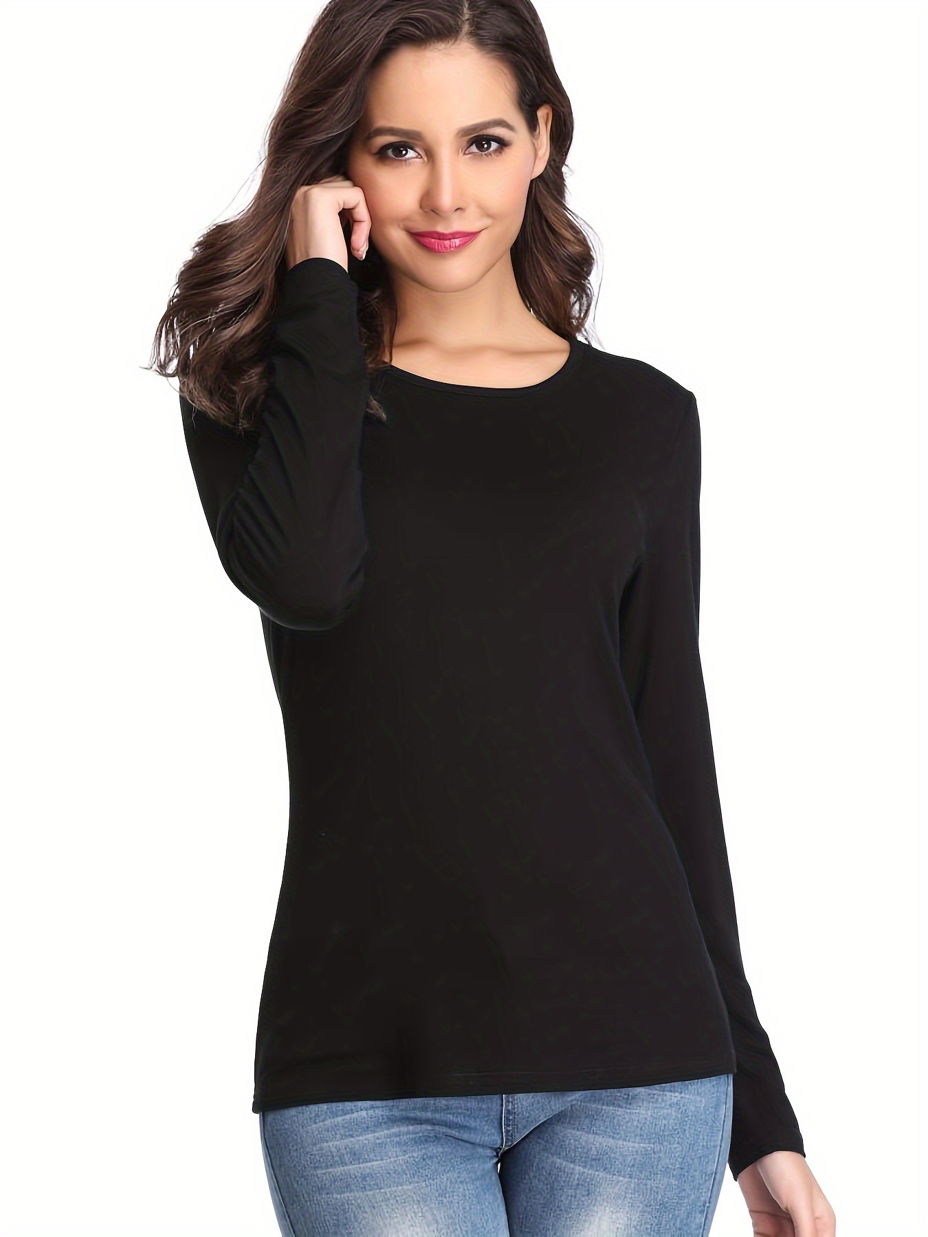 Solid Crew Neck T-shirt, Casual Long Sleeve Lim Top For Spring & Fall, Women's Clothing