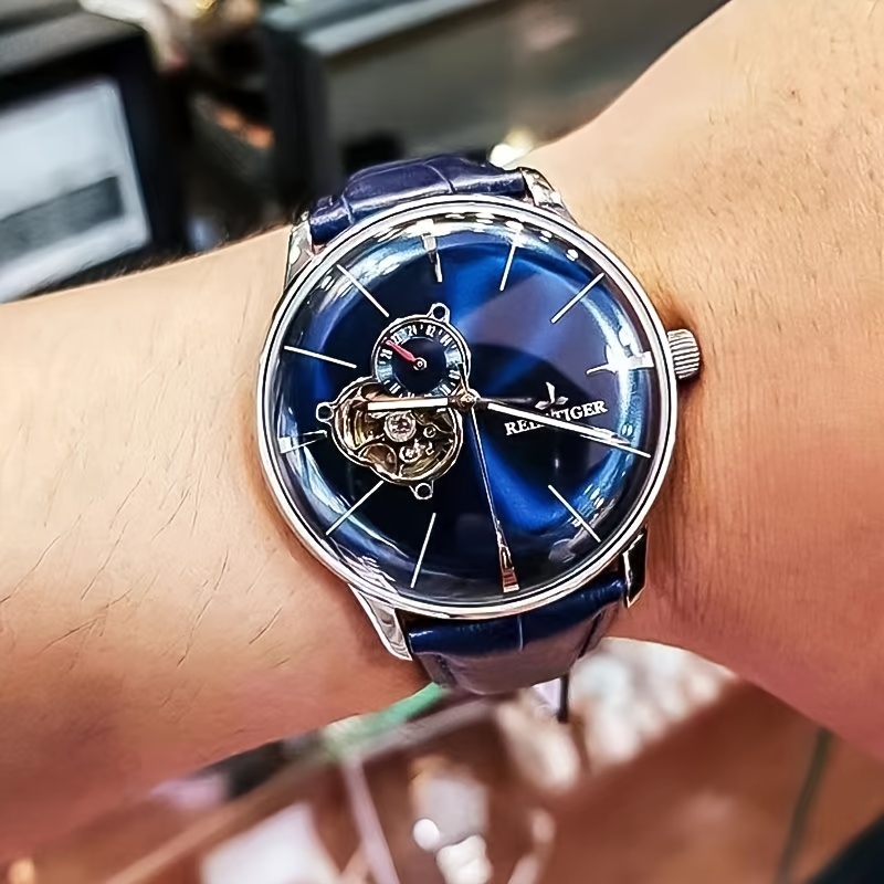 REEF TIGER Herenhorloge Gebogen Dunne Grote Wijzerplaat Flying Tourbillon Maandfase Volledig Automatisch Mechanisch Horloge