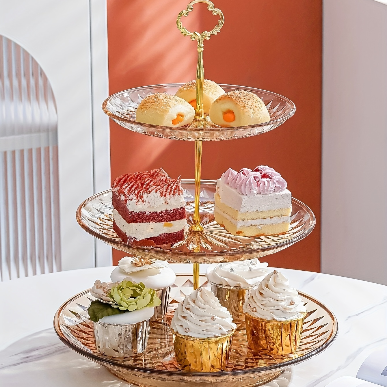 Wedding Party Decorative Stainless Steel Afternoon Tea Rick 3 Tiers Brass  Gold Cake Stand Set for Dessert Table with White Ceramic Plate Dessert  Display Stand - China Dessert Display Stand and Dessert