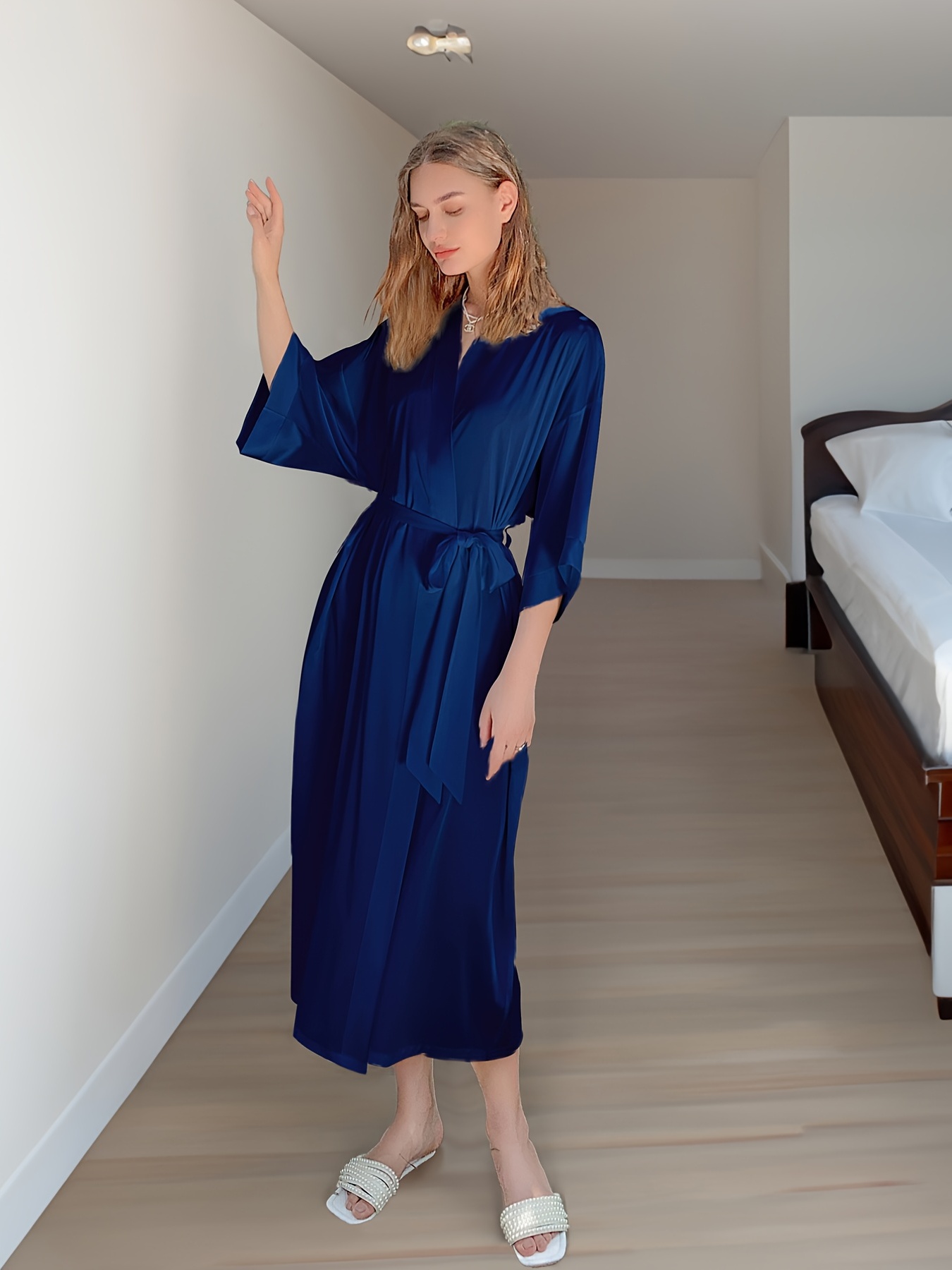 Satin Lounge Robe V Neck 3 4 Sleeve with Belt Women's Loungewear