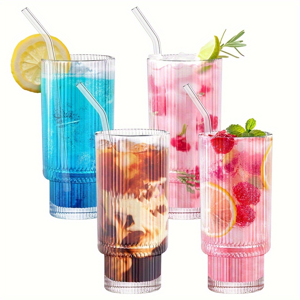 Vertical Stripes Glass Cup Set, Drinking Glasses With Straws, High