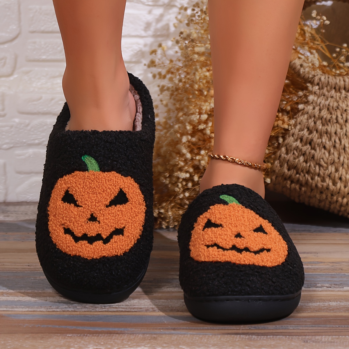 Fluffy Winter Warm Slippers Woman Girls Halloween Pumpkin Cartoon