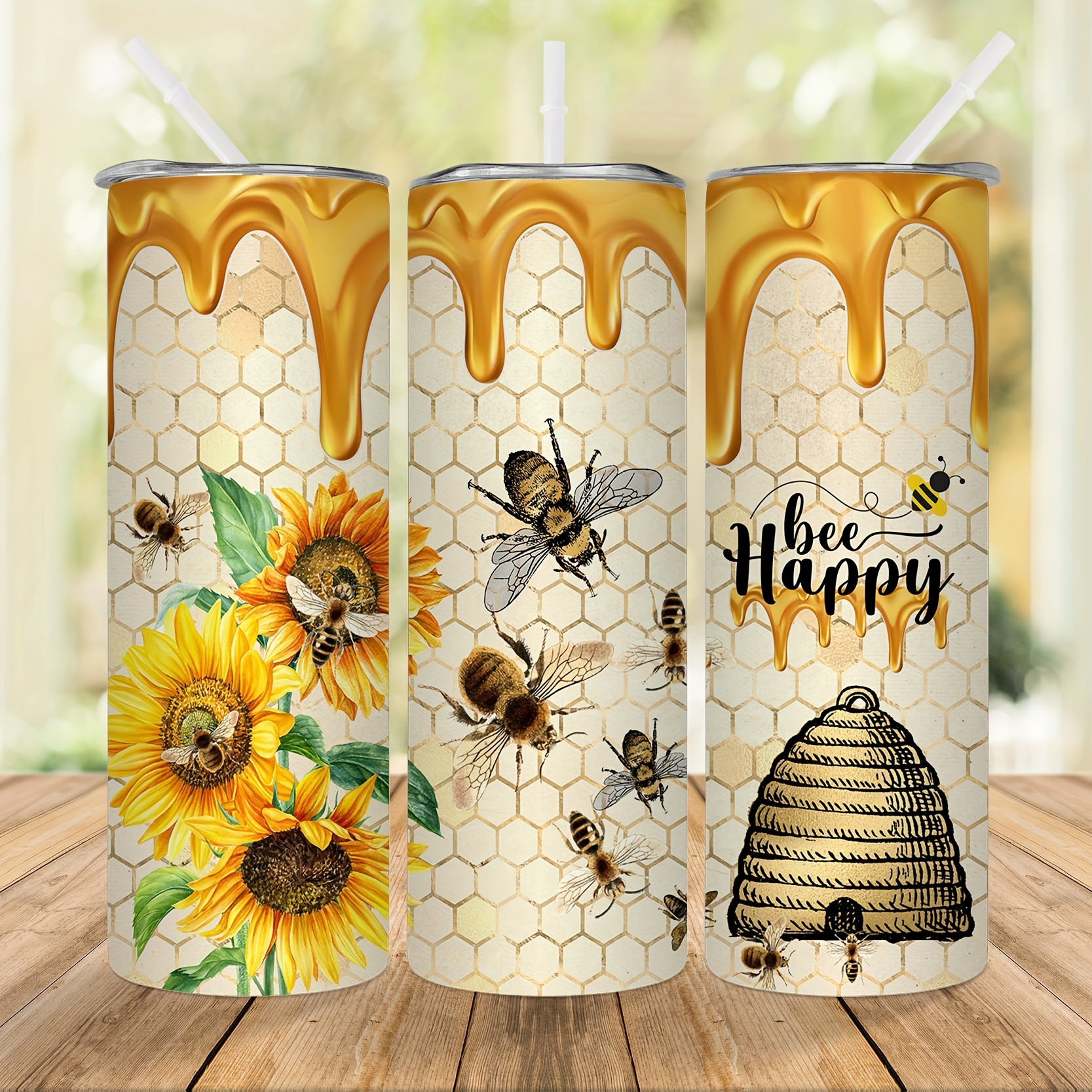 TEMU 1pc, Honey Bee Tumbler With Lid And Straw, 20oz Stainless Steel Water Bottle, Insulated Straight Water Cups, Drinkware, Outdoor Travel Accessories