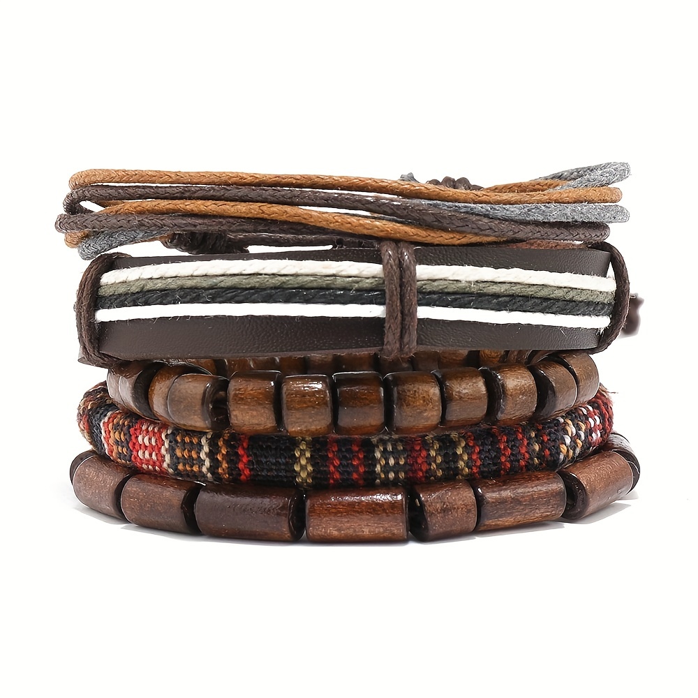 5pc Boho Style Braided Bracelet Set, Vintage Leather