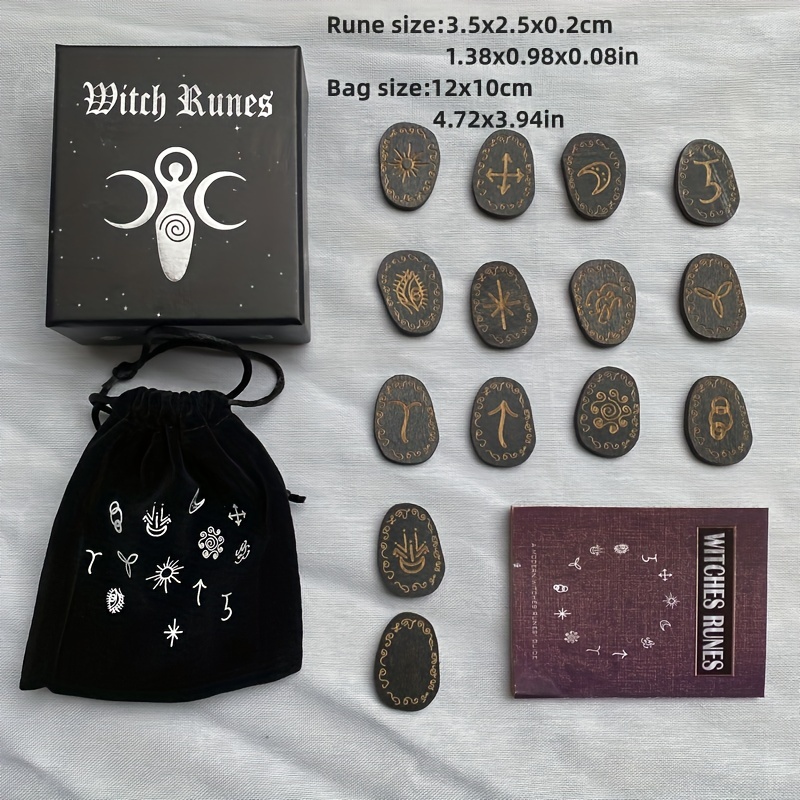 14pcs/set Witch Runes Set With Instructions And Special Rune Storage Bag,  Tarot Divination Healing Alchemy Woodcut Meditation Altar Game Cards, Home D