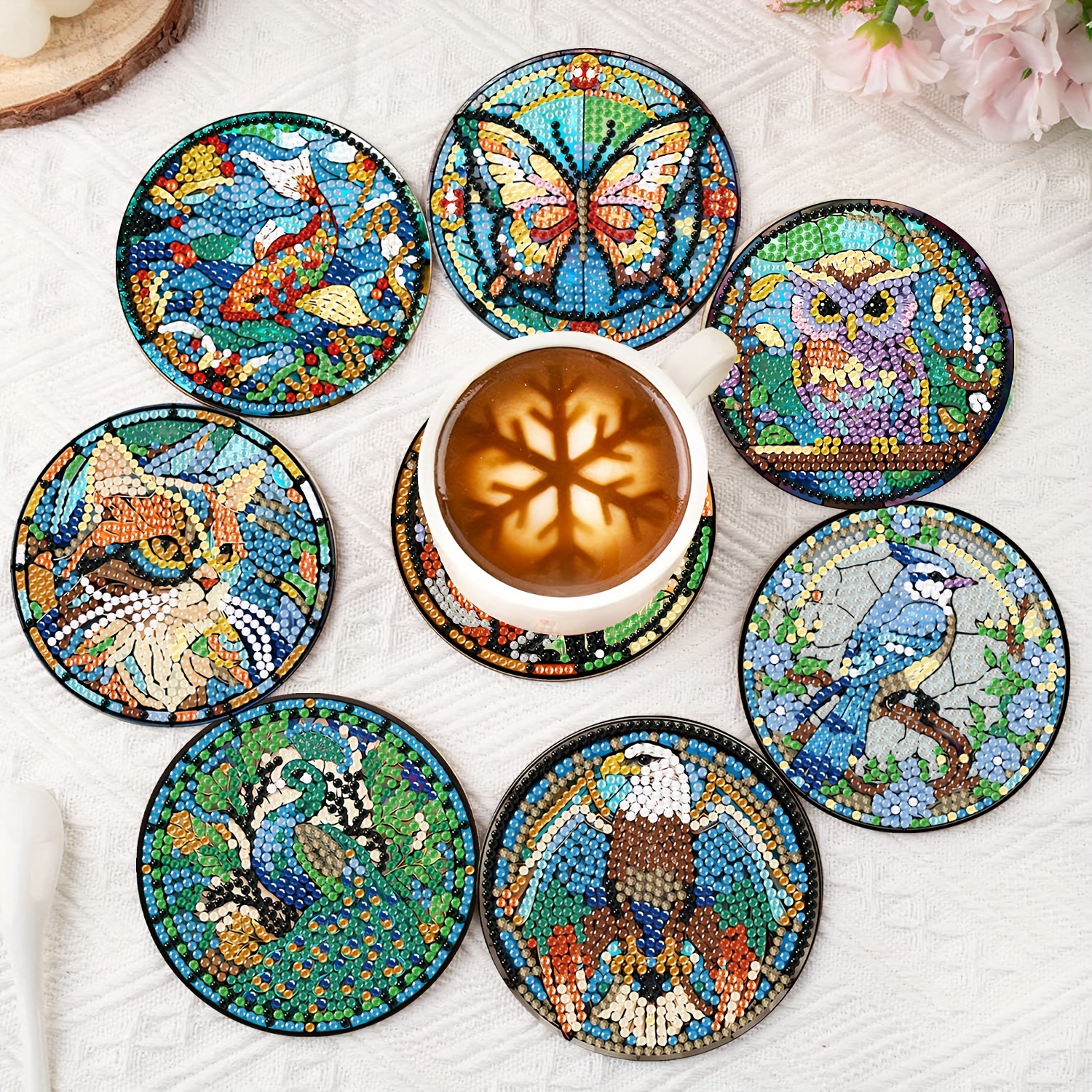 8PCS Owl Diamond Painting Coasters Kit Mandala Butterfly DIY