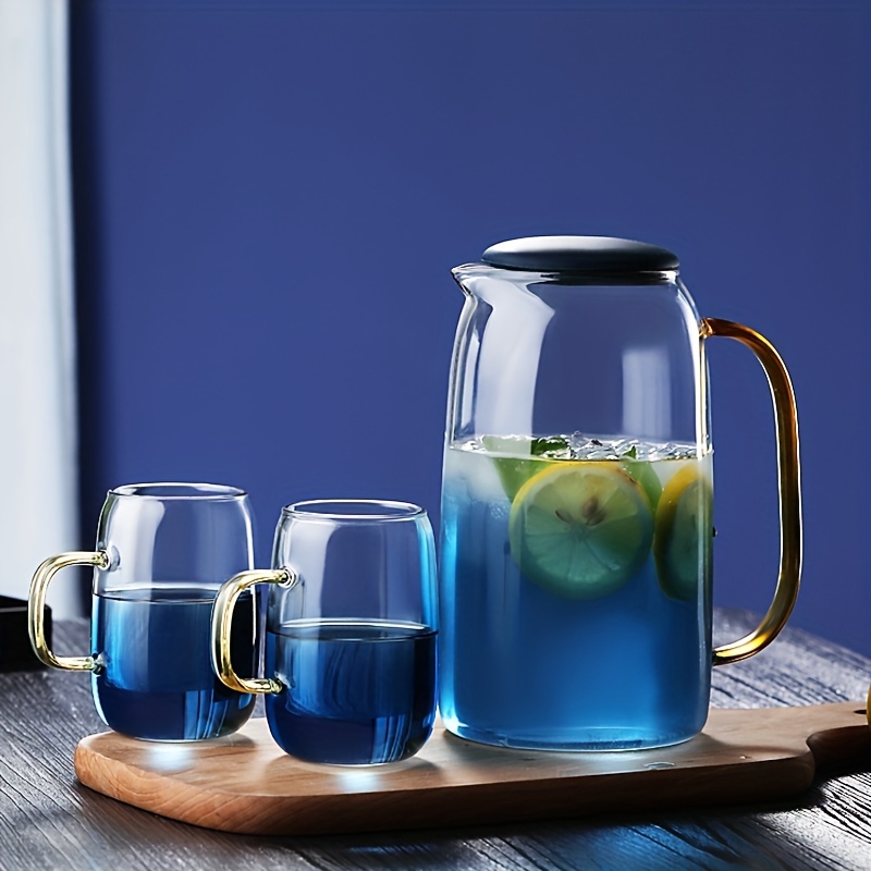 Set, Blue Clear Pitcher And Cups, 1.5L/50oz Glass Drink Pitcher And  300ml/10oz 4pcs Glass Water Cups With Handle, Glassware, Summer Winter  Drinkware