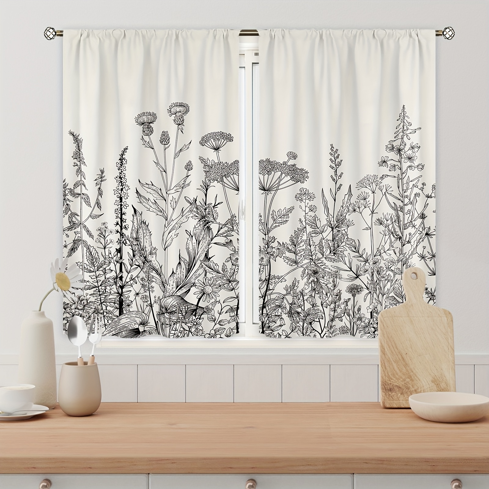 Green Leaves Plant Floral Small Kitchen Curtains Botanical - Temu