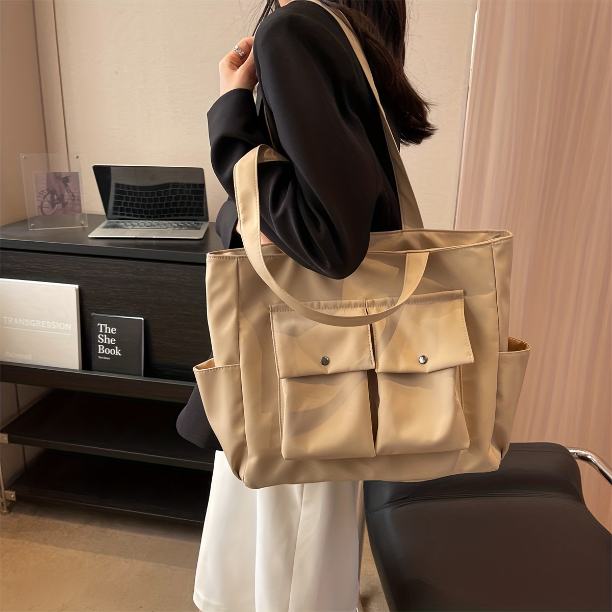 Classic Trendy Tote Bag, Solid Color Shoulder Bag, All-match Fixed