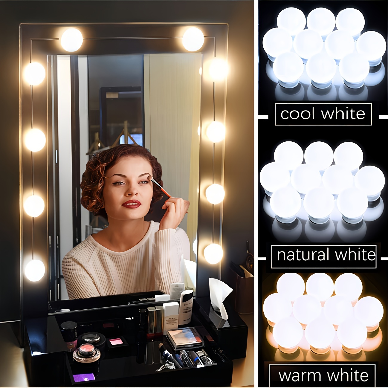  Espejo de tocador con luces, espejo de maquillaje iluminado,  espejo de maquillaje Hollywood con 9 bombillas regulables y 3 modos de  iluminación de color, control táctil inteligente, rotación de 360° 
