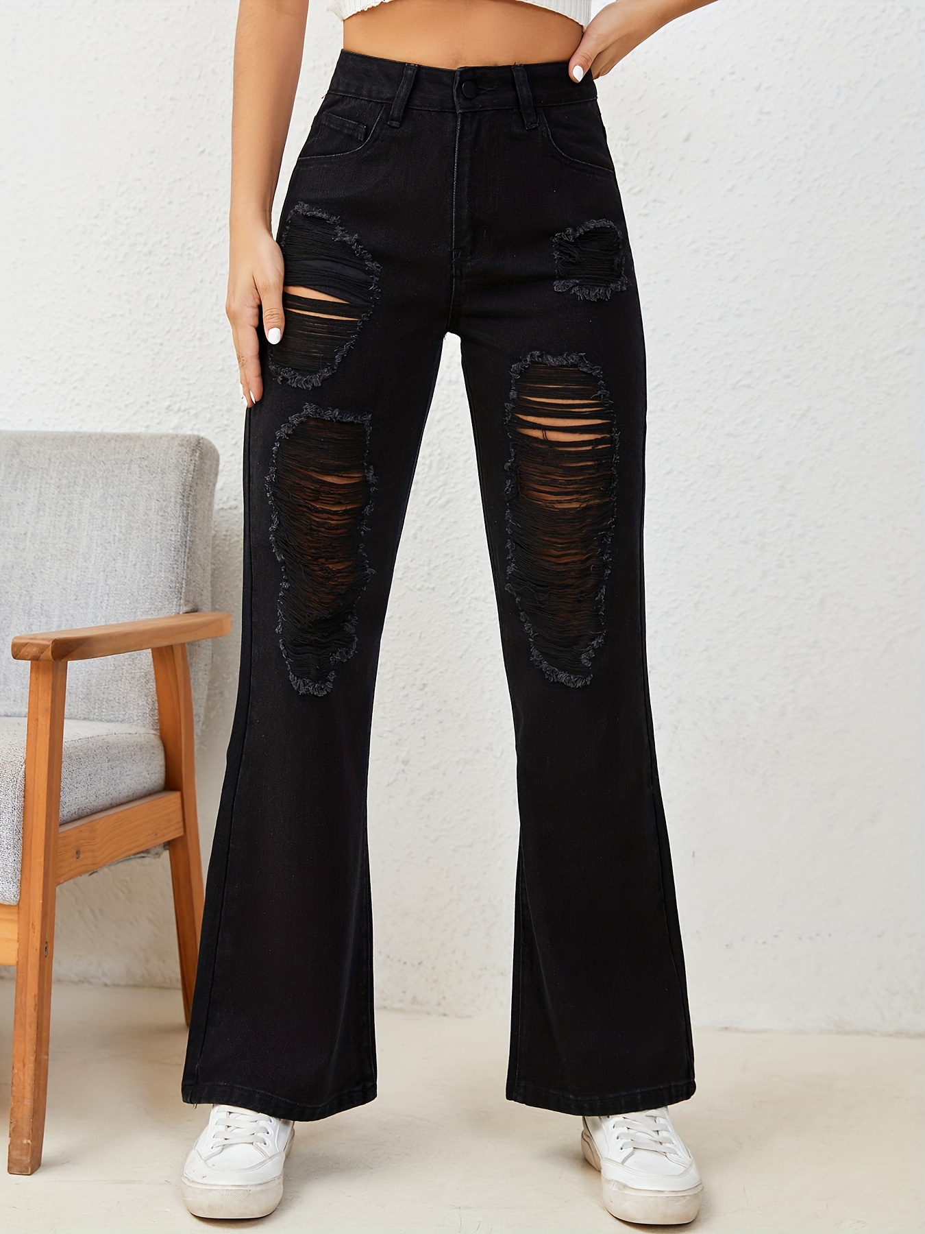 Black Ripped Holes Baggy Jeans Loose Fit Non stretch - Temu