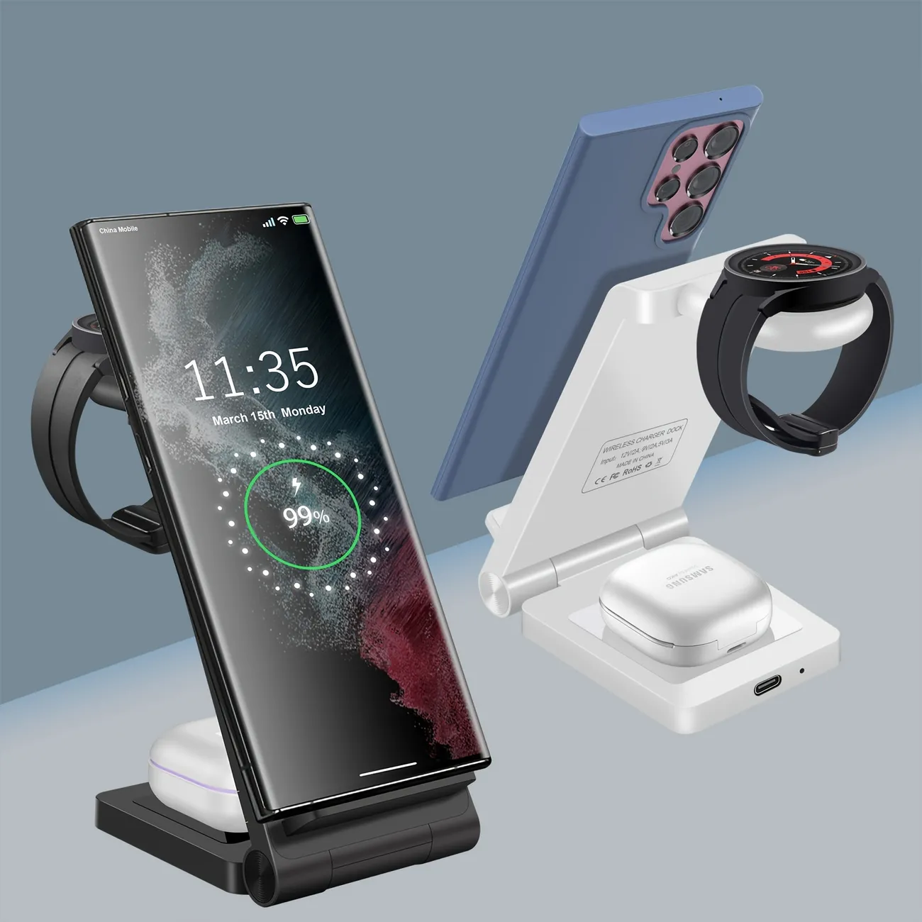 Wireless Charger Stand For Galaxy Z Flip 4/fold 4/s22 Ultra/s21/s20/s10  Galaxy Watch 5 4 3 Active 2 1 Buds Fast Charging Dock Station - Temu