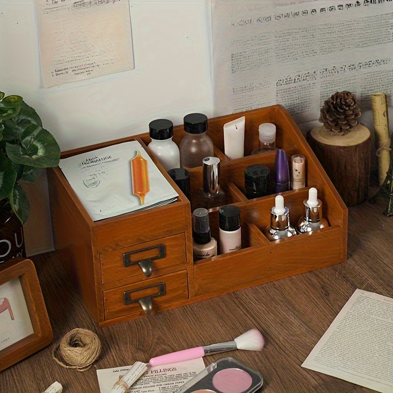 1pc Vintage Multi-purpose Makeup Case With Handle, Brown Color Cosmetic  Organizer For Home, School, Desktop