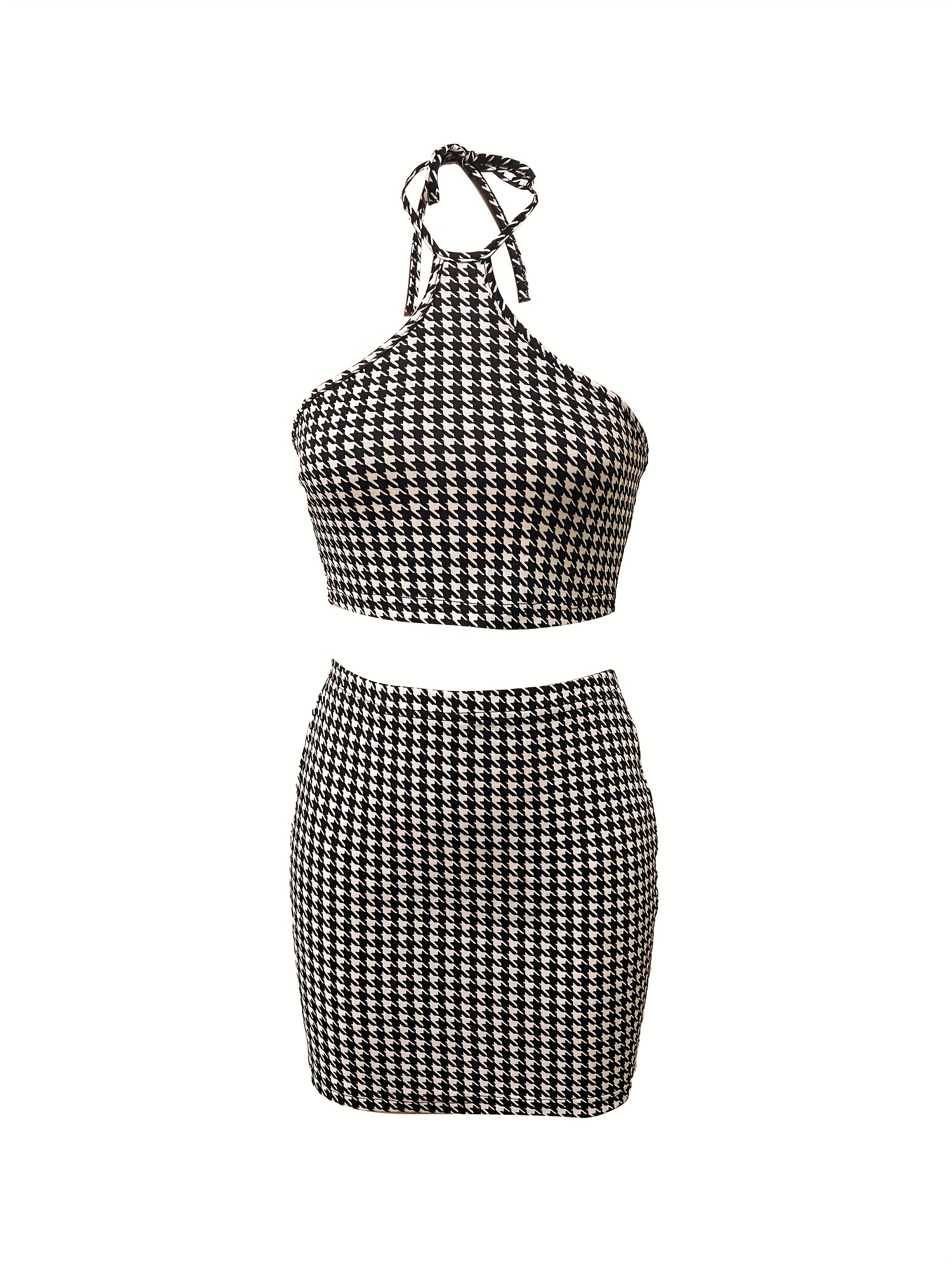 Houndstooth Print Two piece Set Backless Halter Top & Bag Hip Mini Skirts