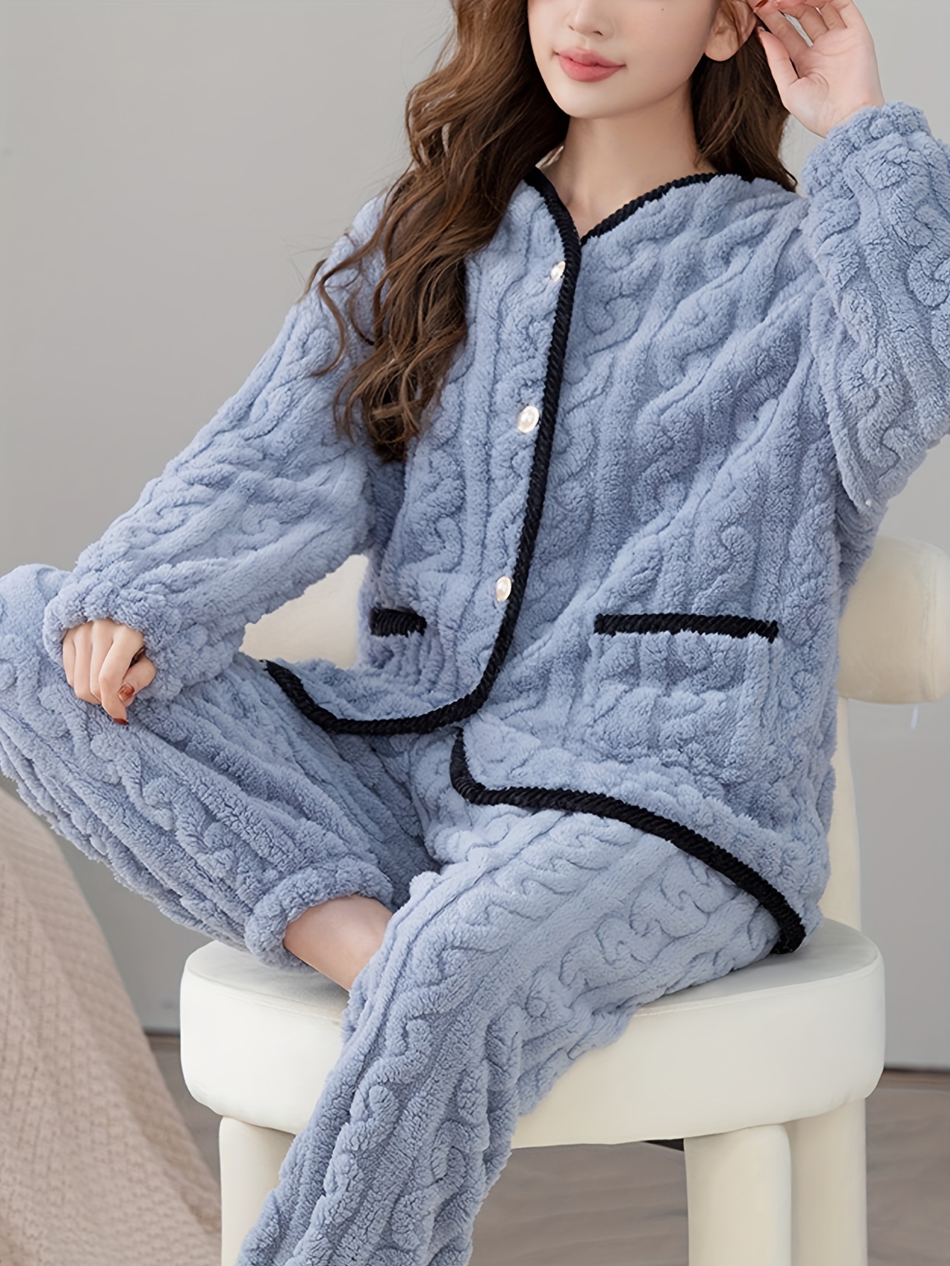 Women Fluffy Pajamas Set Fleece Lounge Set Pullover Pants 2 Piece