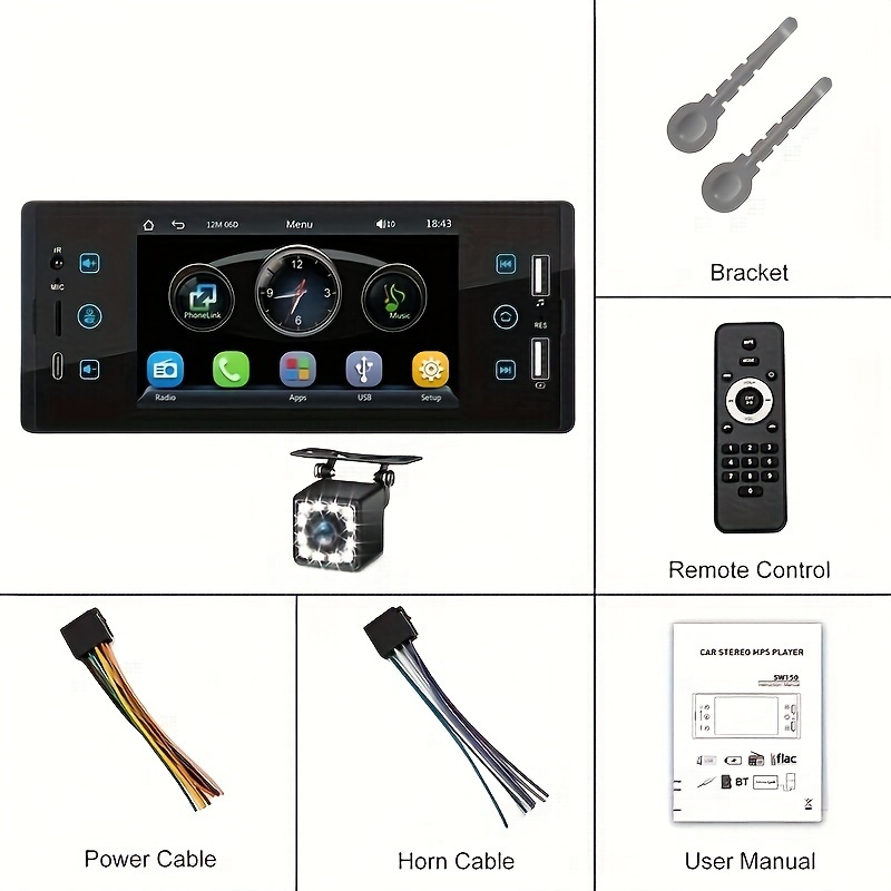 1DIN For Carplay Android Auto Car Stereo 5 HD Touch Screen Car Radio  Support Wireless TF/USB FM Radio +Rear View Camera