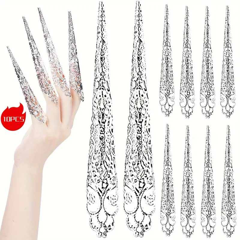 10 Packs Finger Nail Tip Claw Rings, Ancient Queen Costume Fingertip Claw Nail Rings Decoration Accessory, Finger Knuckle, Christmas Gifts