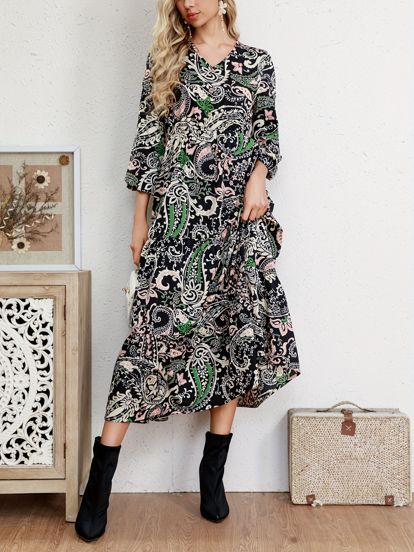 Paisley Print High Waist Dress Boho Tiered Long Sleeve Maxi - Temu 