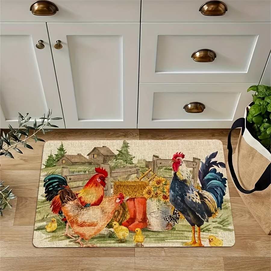 1pc Polyester Kitchen Rug, Modern Hen Pattern Kitchen Mat For