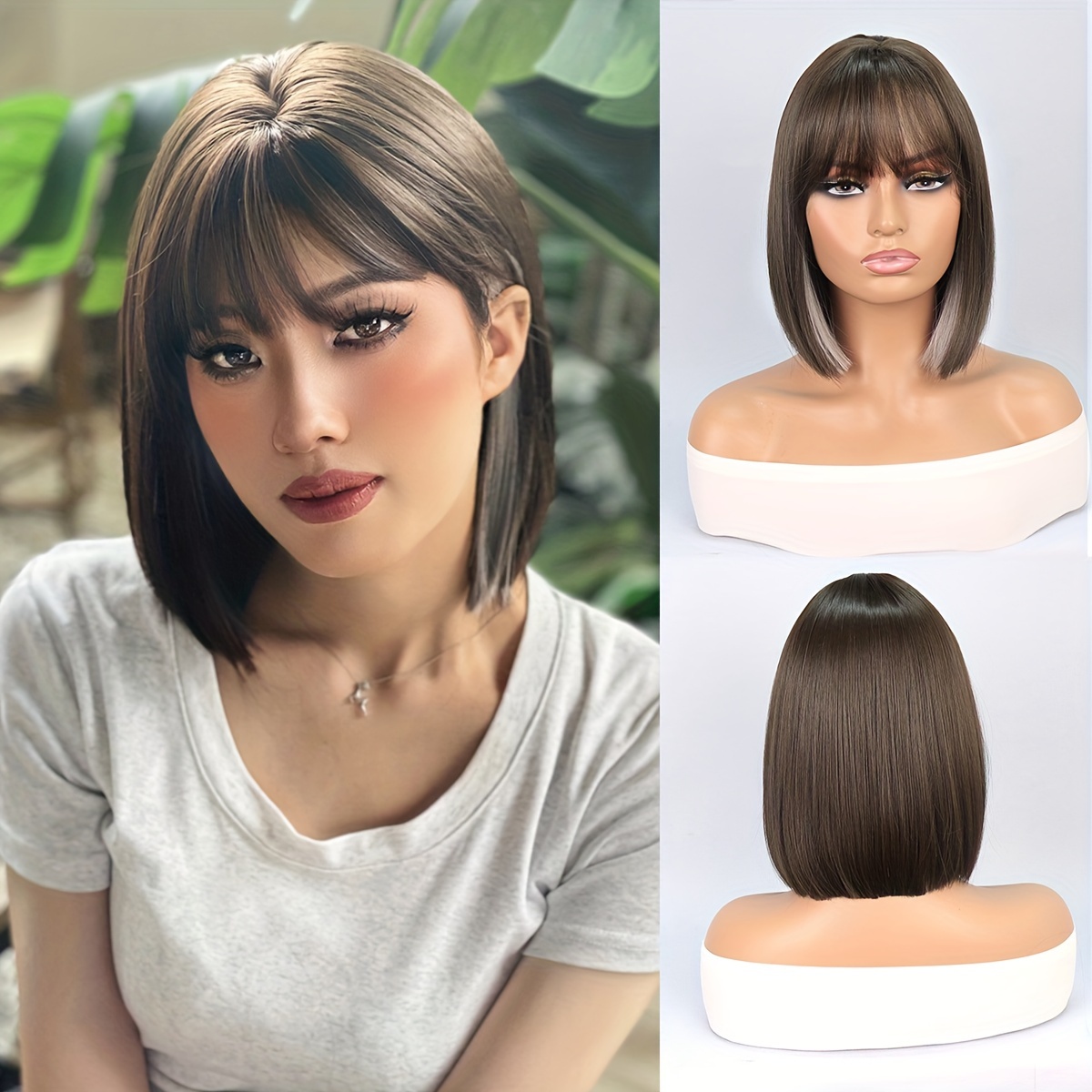Short Dark Brown Bob Wig Women Straight Synthetic Wigs Bangs - Temu Canada