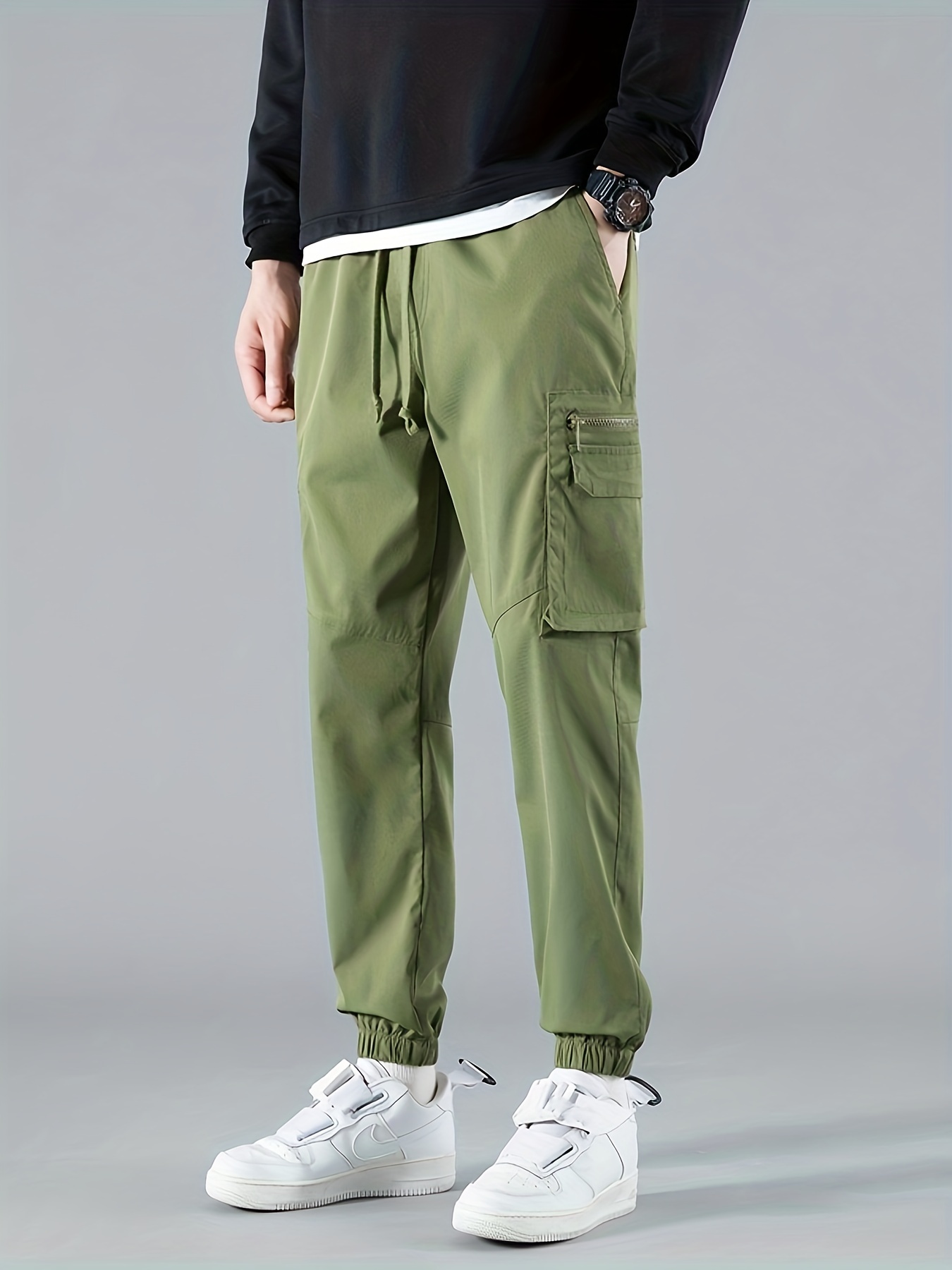 Men's Printed Cargo Pants, Multi Pocket Stretch Waist Drawstring