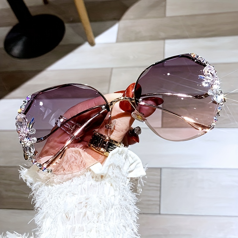Rhinestone Fashion Sunglasses Women Rimless Sunglasses - Temu