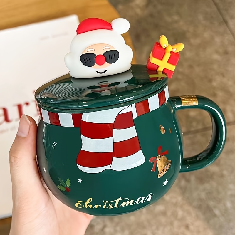 Christmas Ceramic Mugs, 380ml Reindeer Coffee Cups with Spoon