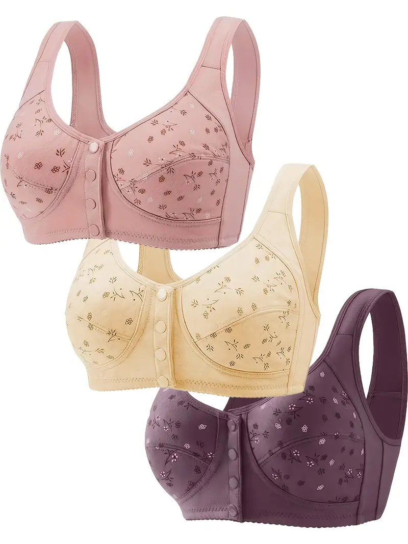 Floral Print Wireless Bras Comfy Breathable Front Buckle - Temu