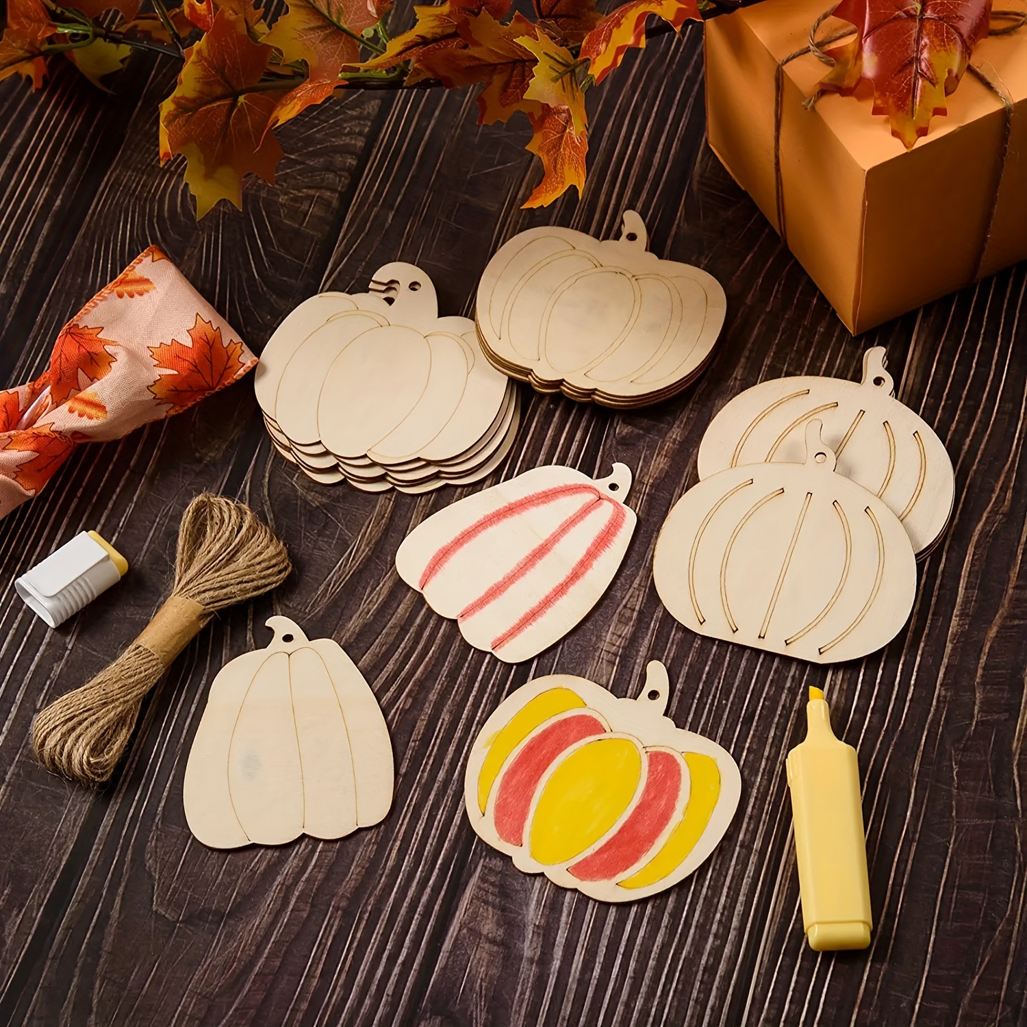 Large Size 7inch Wooden Halloween Thanksgiving Ornaments to Paint, DIY Blank Unfinished Pumpkin Wood Discs Ornament for Crafts Hanging Autumn