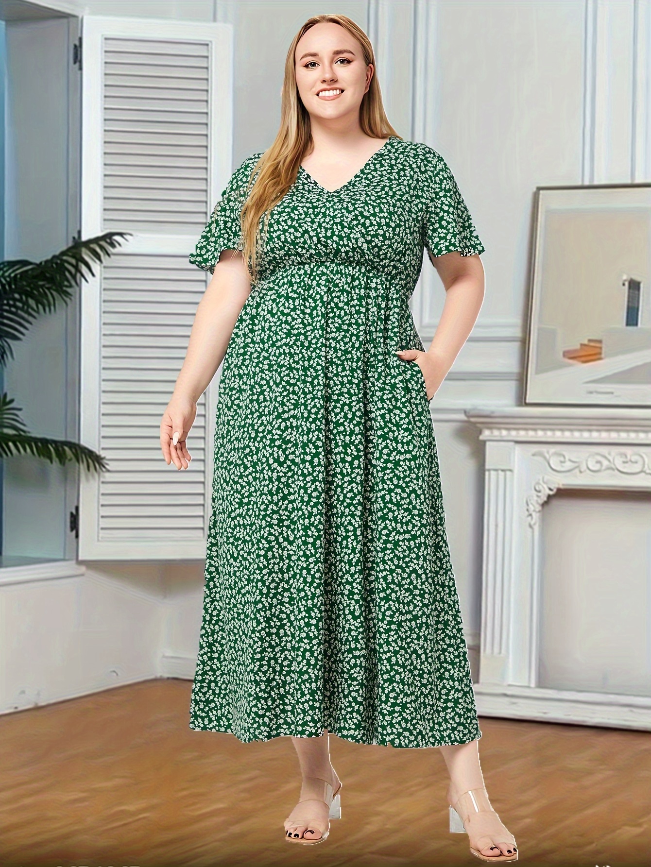 plus size all over print slit dress casual v neck short sleeve dress womens plus size clothing