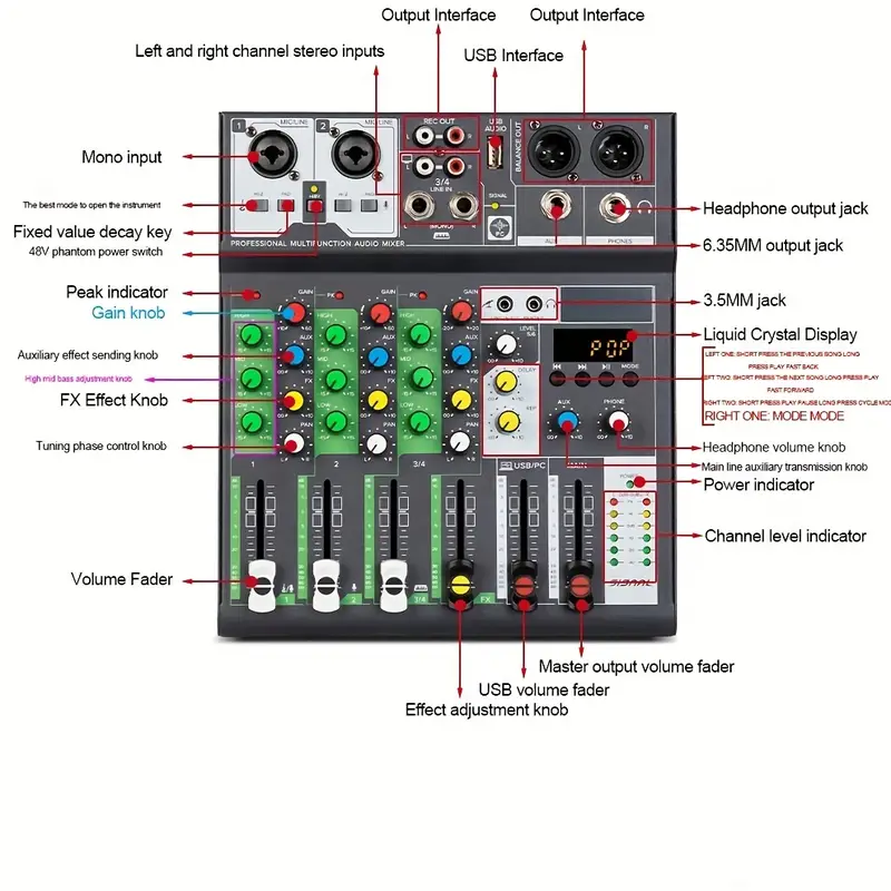 4 Channels Mixing Console Individual +48v Effects Bluetooth Usb