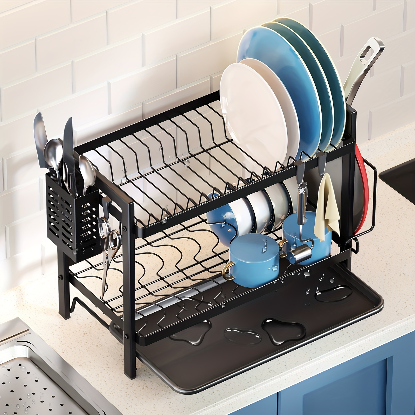 Dish Drying Rack, Dish Rack With Drainboard, Dish Drainer For Kitchen  Countertop, Black 2 Tier Dish Racks With Utensil Holder And Cutting Board,  Kitchen Accessories - Temu Germany