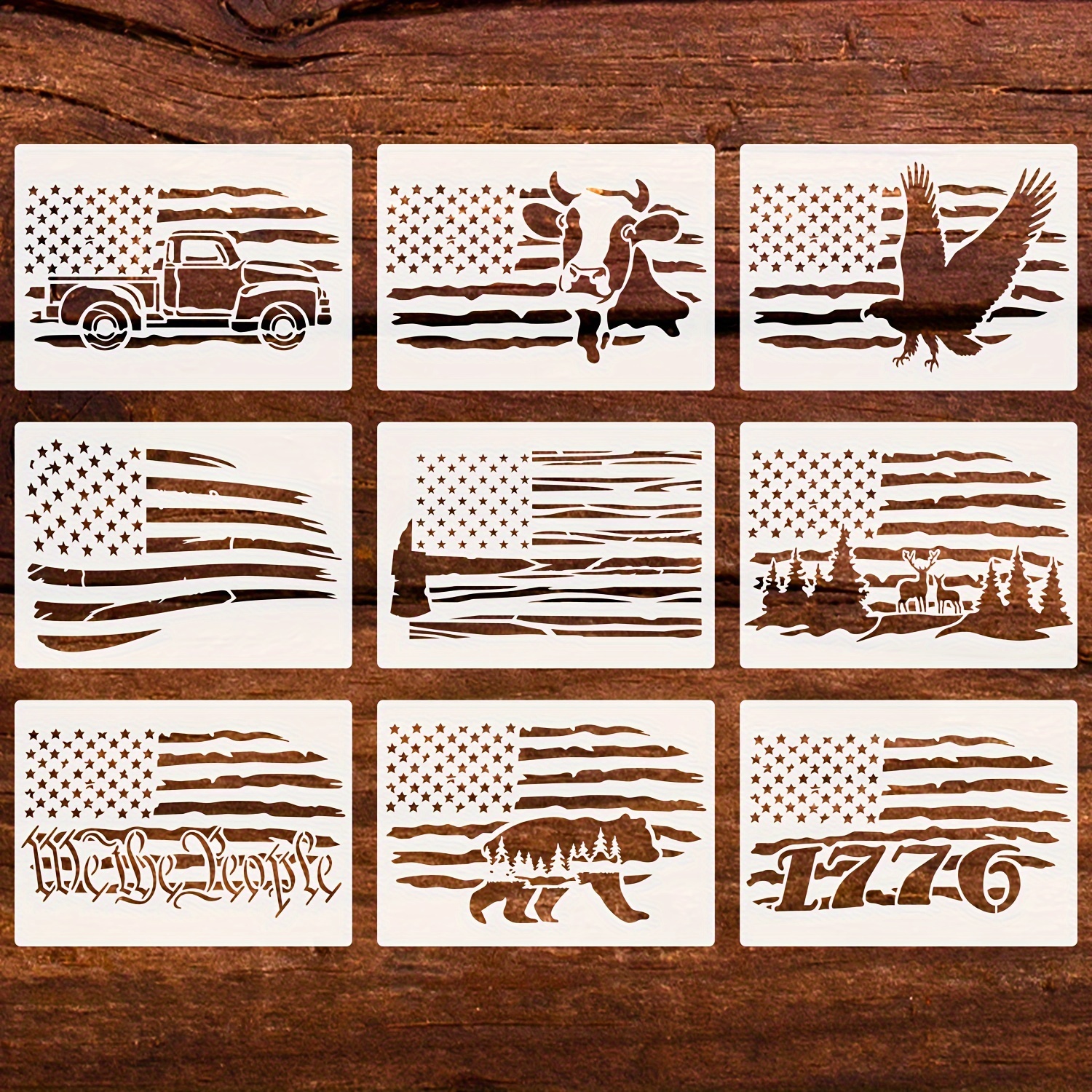 

9pcs Patriotic American Flag Stencil Set - , Deer, 1776, Cow, Bear & Truck Designs For Wood, Canvas, Walls & Fabric Crafting