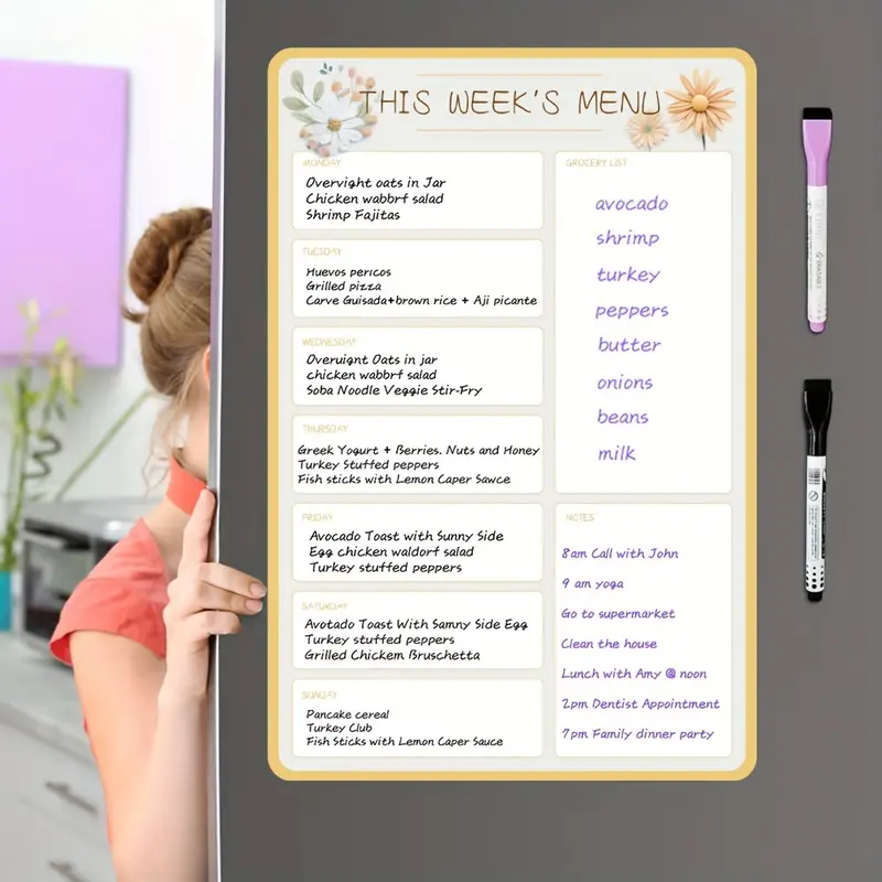 1pc Magnetic Menu Board For Kitchen- 10x15 - Dry Erase Weekly Meal Planner  And Grocery List Magnet Pad For Fridge